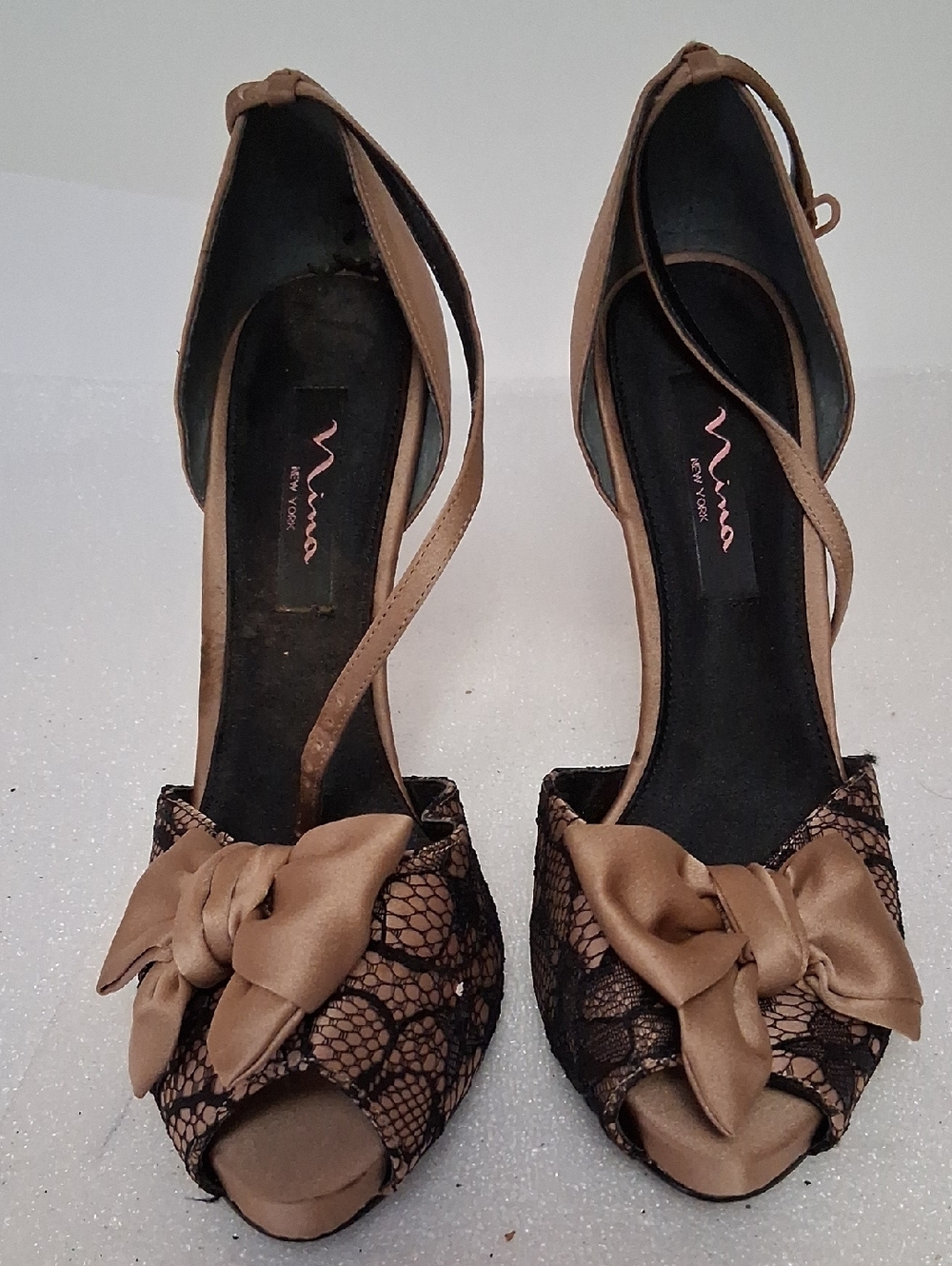 Nina New York Taupe and Black Lace Peep-Toe Heels with Bow Accent